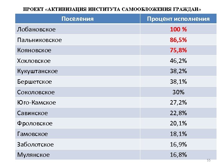 ПРОЕКТ «АКТИВИЗАЦИЯ ИНСТИТУТА САМООБЛОЖЕНИЯ ГРАЖДАН» Поселения Процент исполнения Лобановское 100 % Пальниковское 86, 5%