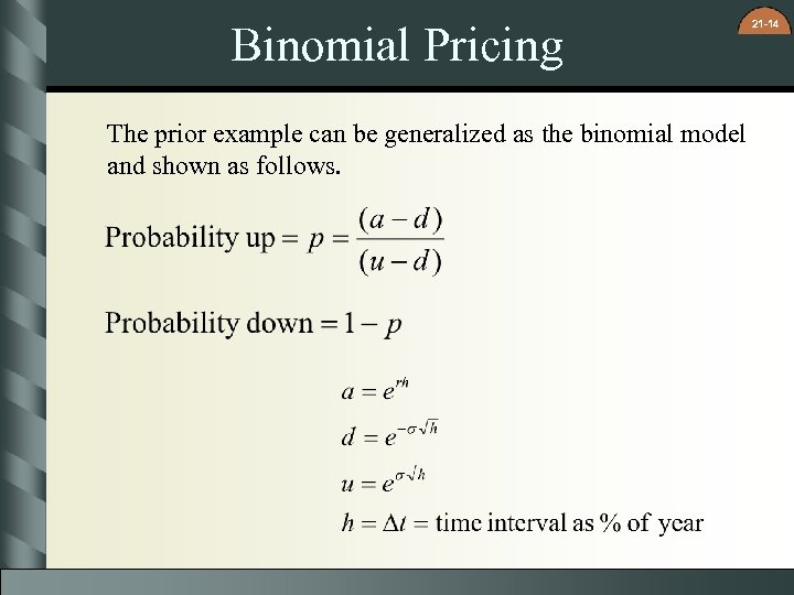 Binomial Pricing The prior example can be generalized as the binomial model and shown