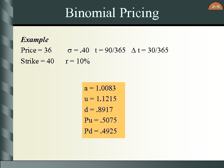 Binomial Pricing Example Price = 36 Strike = 40 s =. 40 t =
