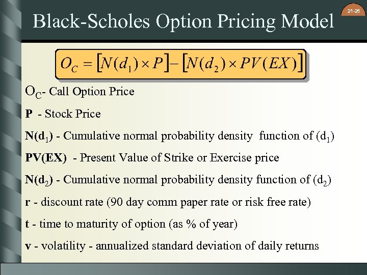 Black-Scholes Option Pricing Model OC- Call Option Price P - Stock Price N(d 1)
