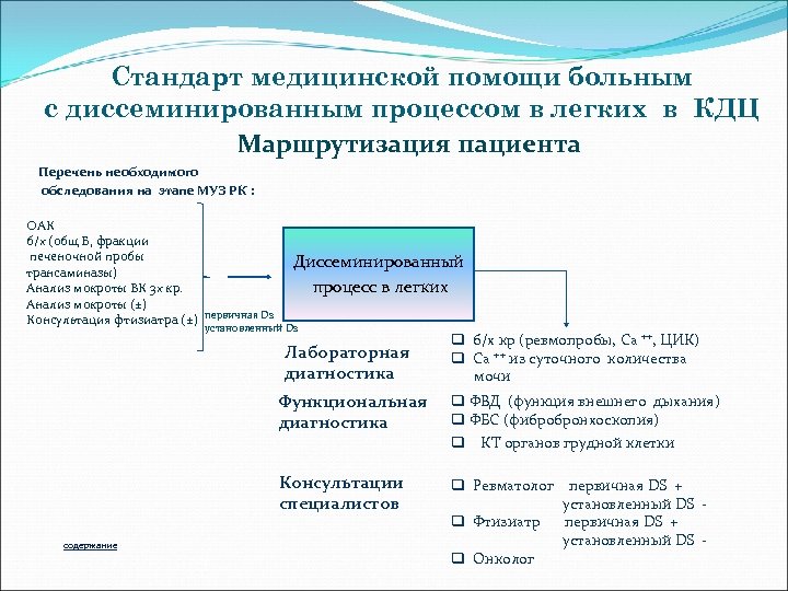 Стандарт медицинской помощи больным с диссеминированным процессом в легких в КДЦ Маршрутизация пациента Перечень