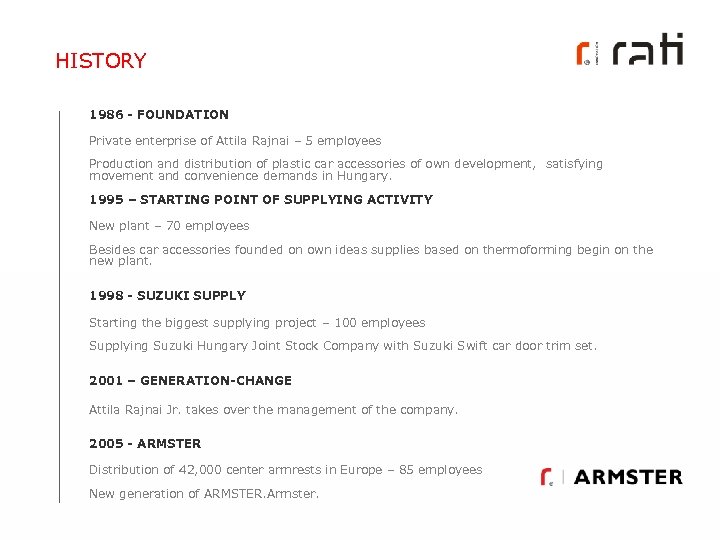 HISTORY 1986 - FOUNDATION Private enterprise of Attila Rajnai – 5 employees Production and