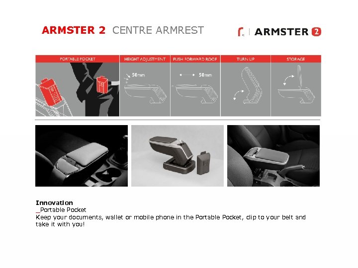 ARMSTER 2 CENTRE ARMREST Innovation _Portable Pocket Keep your documents, wallet or mobile phone