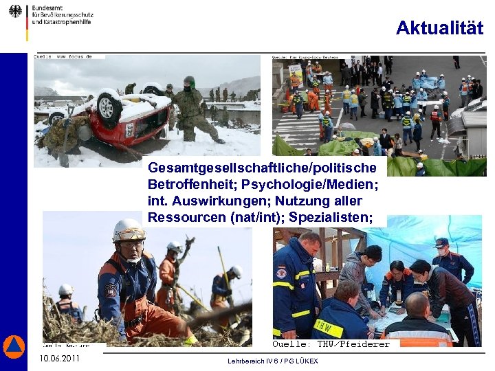 Aktualität Gesamtgesellschaftliche/politische Betroffenheit; Psychologie/Medien; int. Auswirkungen; Nutzung aller Ressourcen (nat/int); Spezialisten; 10. 06. 2011