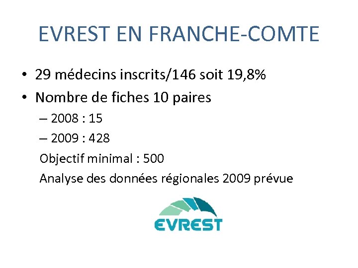 EVREST EN FRANCHE-COMTE • 29 médecins inscrits/146 soit 19, 8% • Nombre de fiches