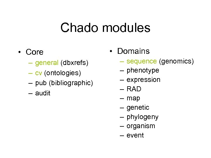 Chado modules • Core – – general (dbxrefs) cv (ontologies) pub (bibliographic) audit •