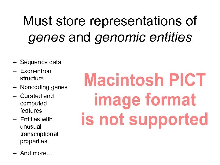 Must store representations of genes and genomic entities – Sequence data – Exon-intron structure