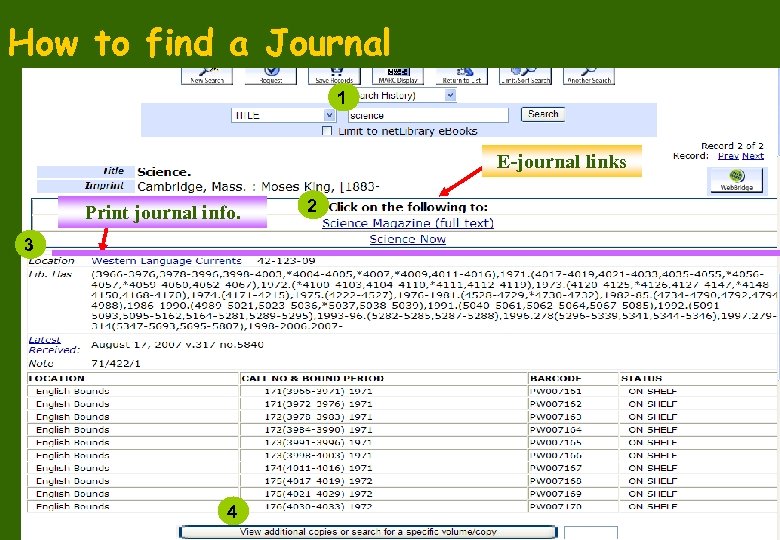How to find a Journal 1 E-journal links Print journal info. 2 3 4