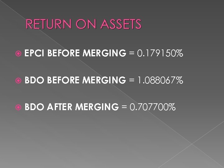 RETURN ON ASSETS EPCI BEFORE MERGING = 0. 179150% BDO BEFORE MERGING = 1.