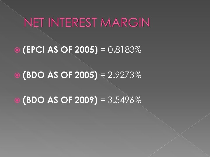 NET INTEREST MARGIN (EPCI AS OF 2005) = 0. 8183% (BDO AS OF 2005)