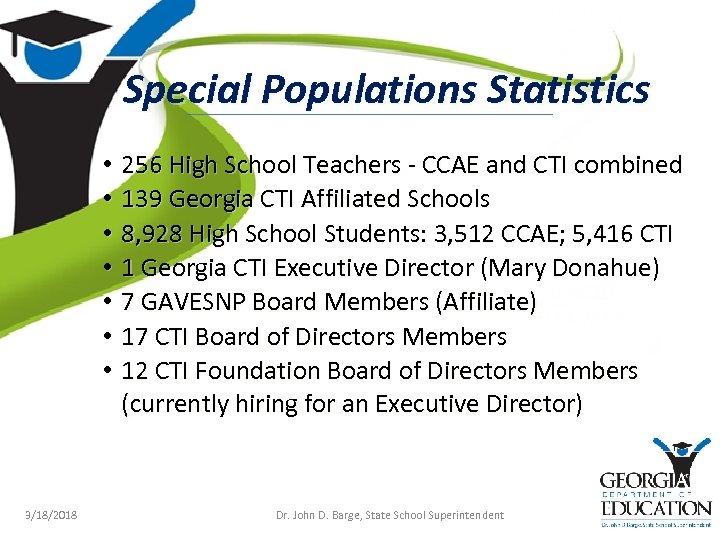 Special Populations Statistics • 256 High School Teachers - CCAE and CTI combined •