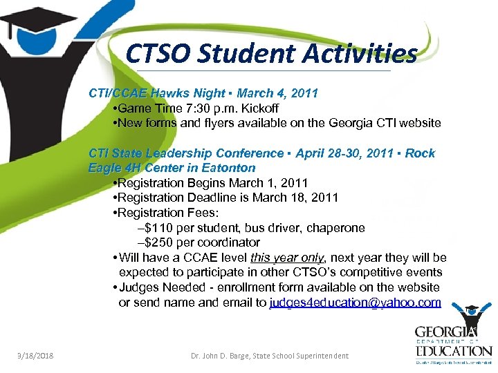 CTSO Student Activities CTI/CCAE Hawks Night ▪ March 4, 2011 • Game Time 7: