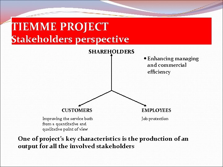 TIEMME PROJECT Stakeholders perspective SHAREHOLDERS CUSTOMERS Improving the service both from a quantitative and