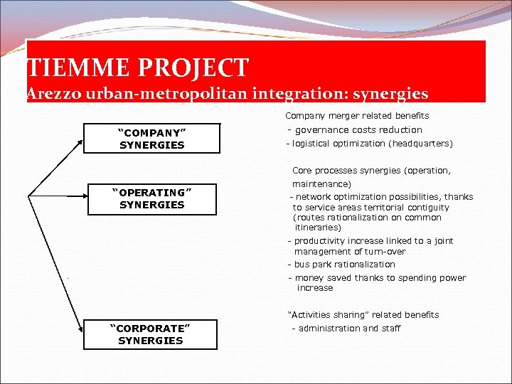 TIEMME PROJECT Arezzo urban-metropolitan integration: synergies Company merger related benefits “COMPANY” SYNERGIES - governance