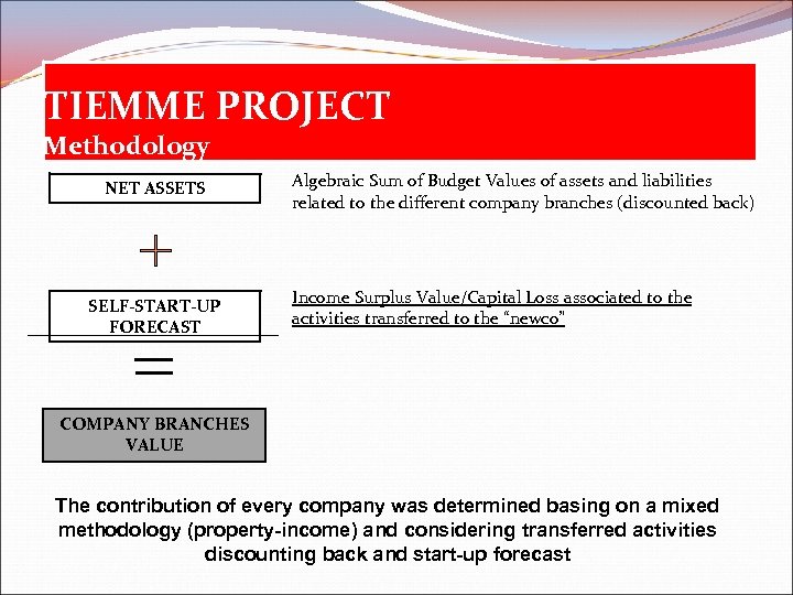 TIEMME PROJECT Methodology NET ASSETS SELF-START-UP FORECAST Algebraic Sum of Budget Values of assets