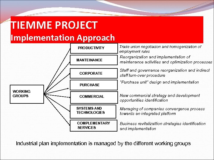 TIEMME PROJECT Implementation Approach PRODUCTIVITY MANTEINANCE CORPORATE PURCHASE WORKING GROUPS COMMERCIAL Trade union negotiacion