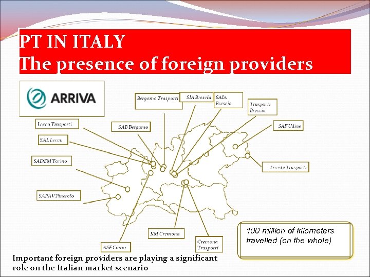 PT IN ITALY The presence of foreign providers 100 million of kilometers travelled (on