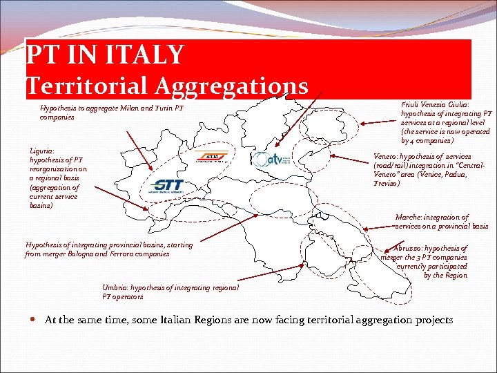 PT IN ITALY Territorial Aggregations Hypothesis to aggregate Milan and Turin PT companies Liguria: