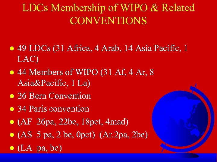 LDCs Membership of WIPO & Related CONVENTIONS l l l l 49 LDCs (31