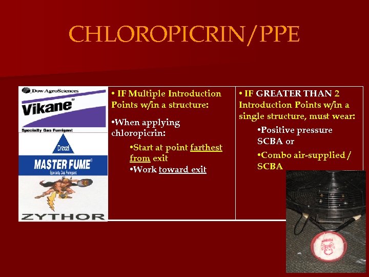 CHLOROPICRIN/PPE • IF Multiple Introduction Points w/in a structure: • When applying chloropicrin: •