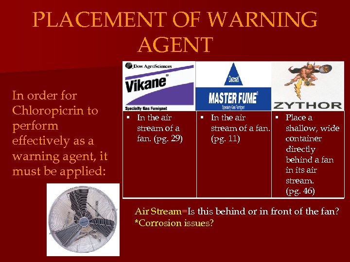 PLACEMENT OF WARNING AGENT In order for Chloropicrin to perform effectively as a warning