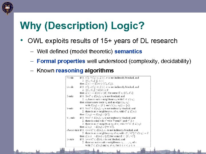 Why (Description) Logic? • OWL exploits results of 15+ years of DL research –