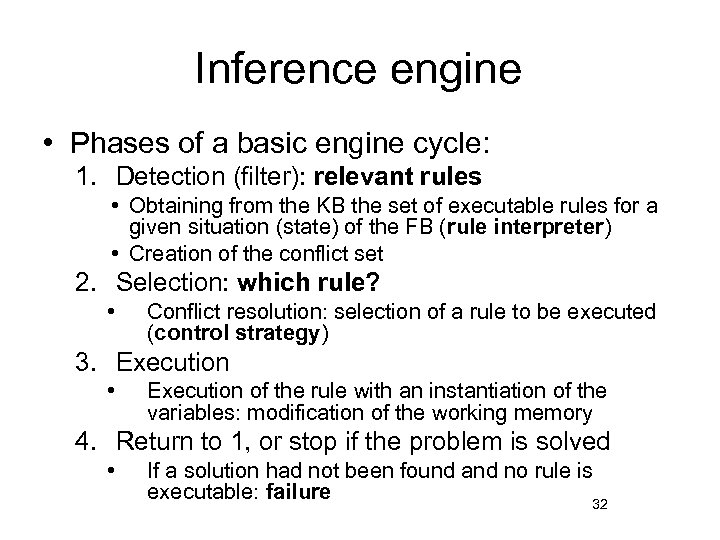 Inference engine • Phases of a basic engine cycle: 1. Detection (filter): relevant rules