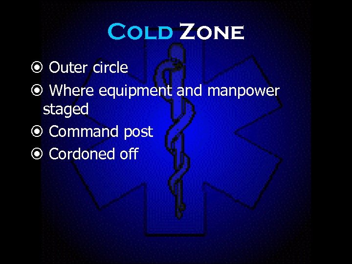 Cold Zone Outer circle Where equipment and manpower staged Command post Cordoned off 