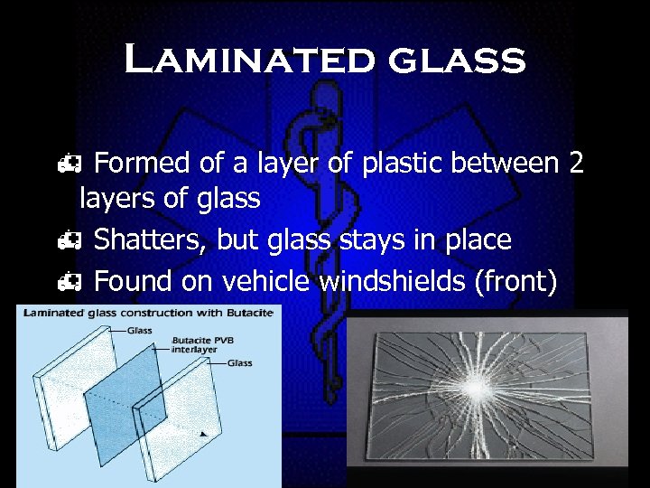 Laminated glass h Formed of a layer of plastic between 2 layers of glass