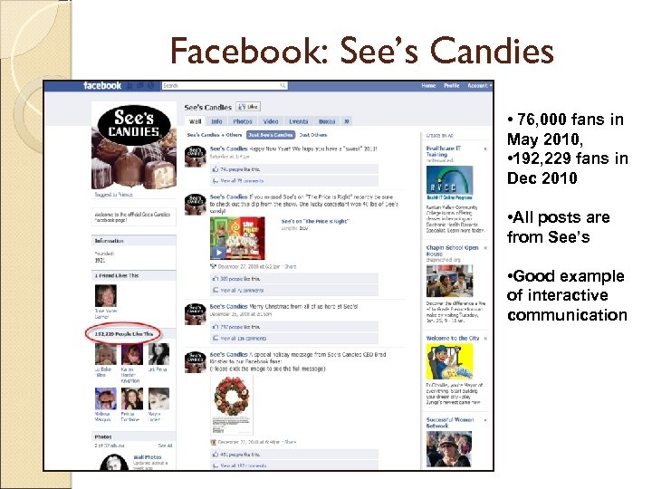 Facebook: See’s Candies • 76, 000 fans in May 2010, • 192, 229 fans