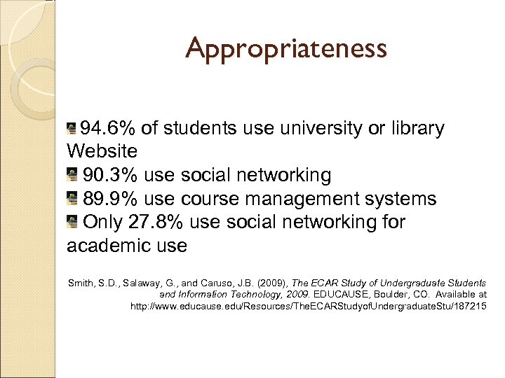 Appropriateness 94. 6% of students use university or library Website 90. 3% use social