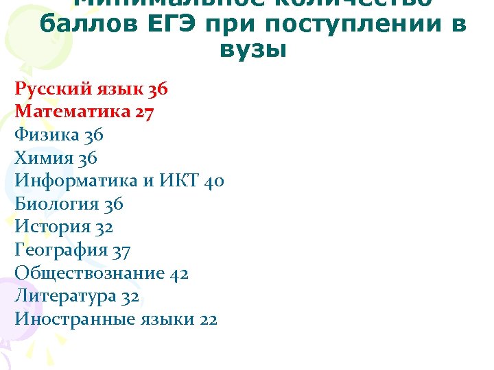 Минимальное количество баллов ЕГЭ при поступлении в вузы Русский язык 36 Математика 27 Физика