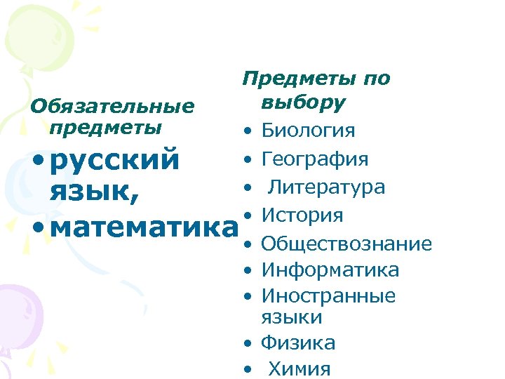 Предметы по выбору Обязательные предметы • Биология • География • русский • Литература язык,