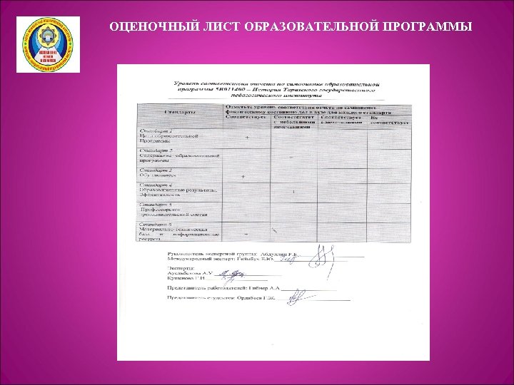 ОЦЕНОЧНЫЙ ЛИСТ ОБРАЗОВАТЕЛЬНОЙ ПРОГРАММЫ 