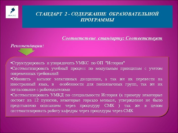 СТАНДАРТ 2 - СОДЕРЖАНИЕ ОБРАЗОВАТЕЛЬНОЙ ПРОГРАММЫ Соответствие стандарту: Соответствует Рекомендации: • Структурировать и упорядочить