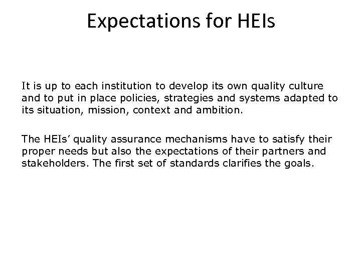Expectations for HEIs It is up to each institution to develop its own quality