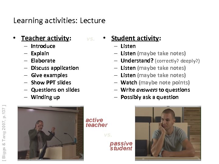 Learning activities: Lecture • Teacher activity: [ Biggs & Tang 2007, p. 137 ]
