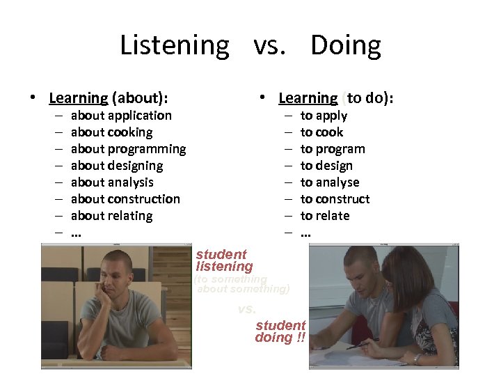 Listening vs. Doing • Learning (about): – – – – • Learning (to do):