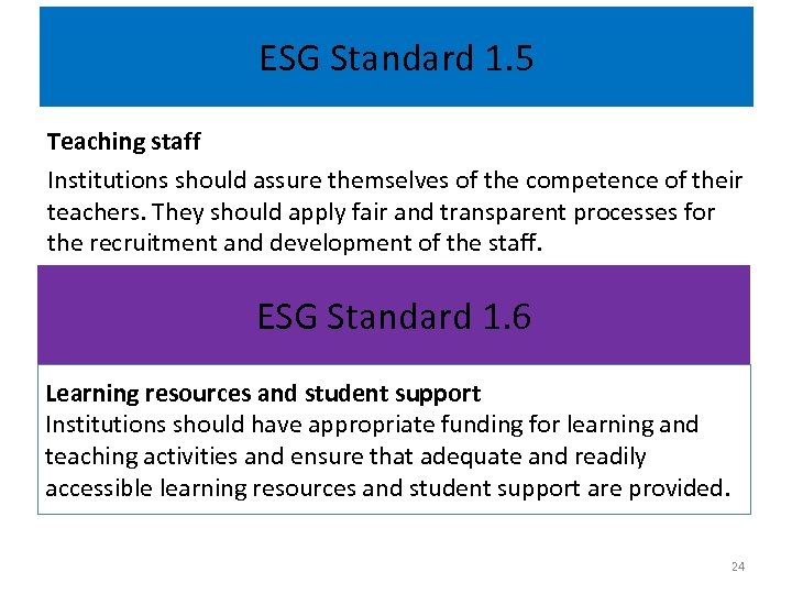 ESG Standard 1. 5 Teaching staff Institutions should assure themselves of the competence of