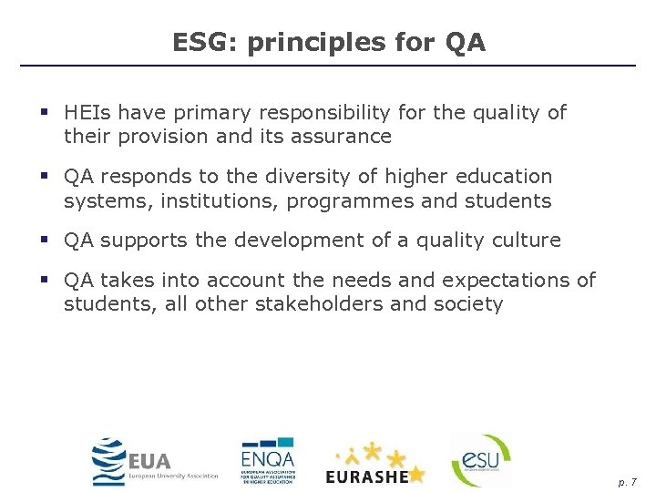 ESG: principles for QA § HEIs have primary responsibility for the quality of their