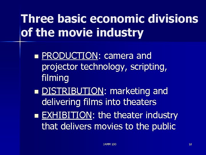 Three basic economic divisions of the movie industry PRODUCTION: camera and projector technology, scripting,