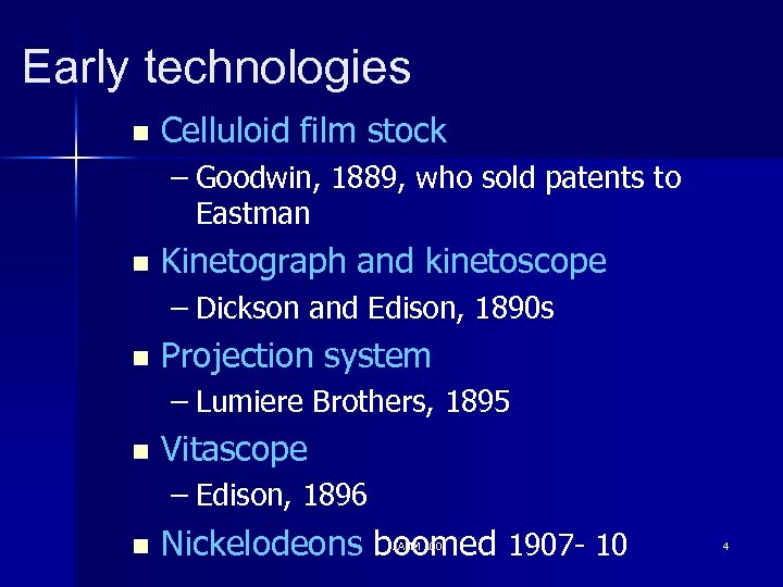 Early technologies n Celluloid film stock – Goodwin, 1889, who sold patents to Eastman