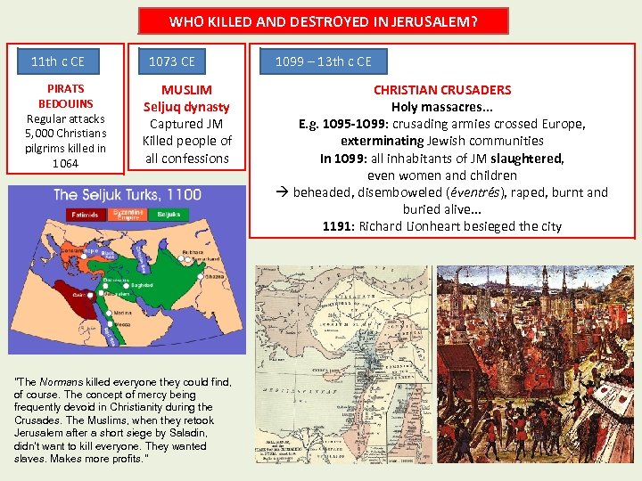 WHO KILLED AND DESTROYED IN JERUSALEM? 11 th c CE PIRATS BEDOUINS Regular attacks
