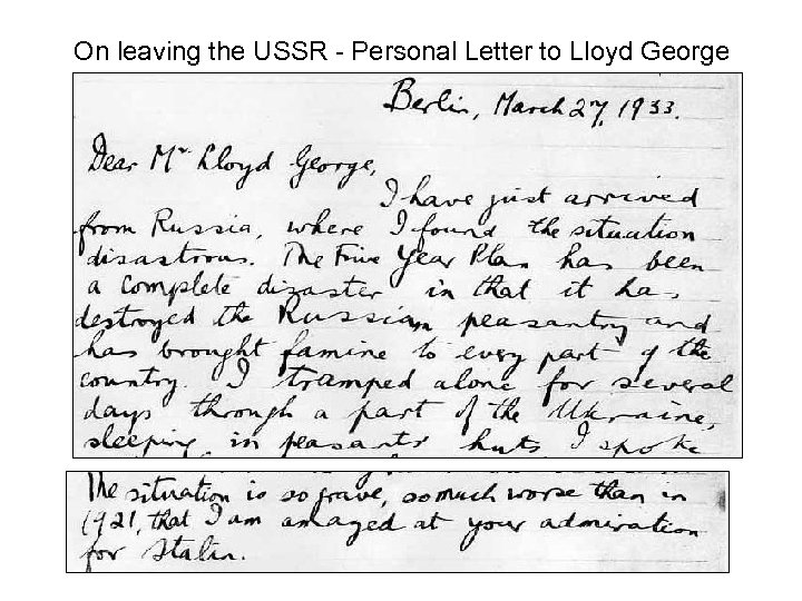 On leaving the USSR - Personal Letter to Lloyd George 