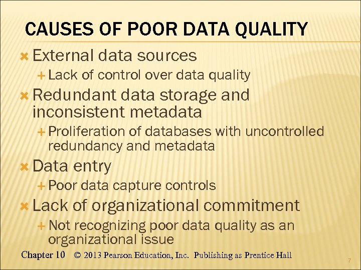 CAUSES OF POOR DATA QUALITY External Lack data sources of control over data quality