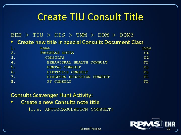 Create TIU Consult Title BEH > TIU > HIS > TMM > DDM 3