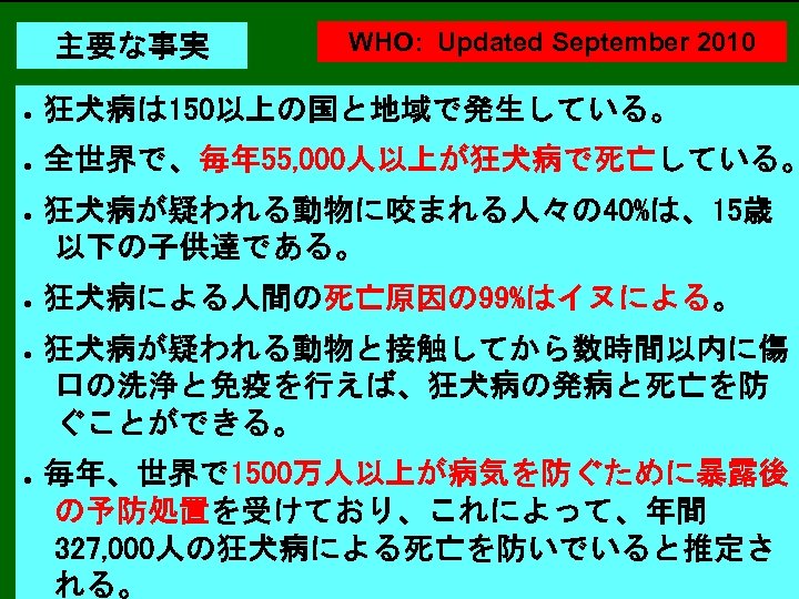  主要な事実 Key facts WHO: Updated September 2010 　 Rabies occurs in more than