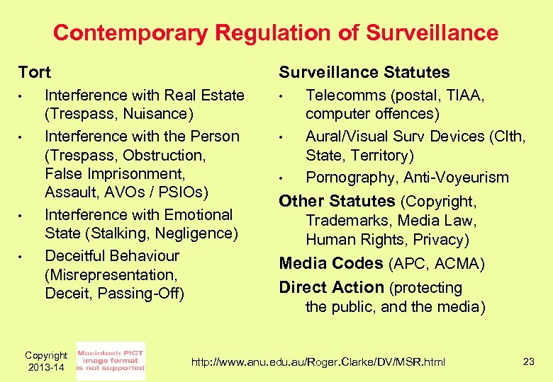 Contemporary Regulation of Surveillance Tort • • Surveillance Statutes Interference with Real Estate (Trespass,