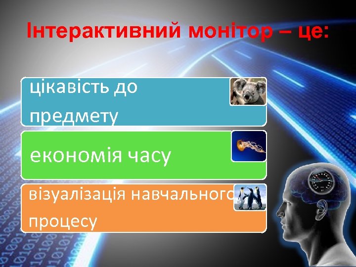 Інтерактивний монітор – це: цікавість до предмету економія часу візуалізація навчального процесу 