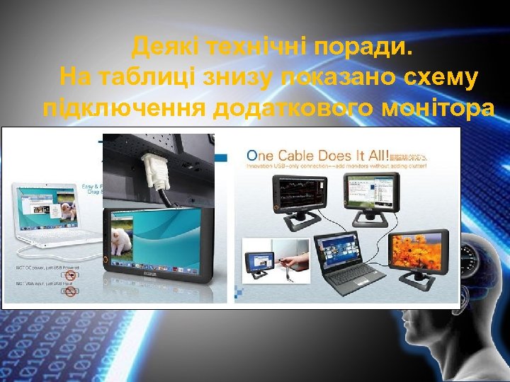 Деякі технічні поради. На таблиці знизу показано схему підключення додаткового монітора 